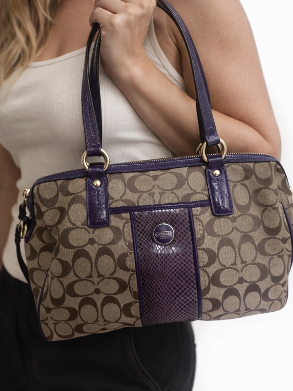 Coach Brown Signature Canvas Shoulder Bag with Purple Trim